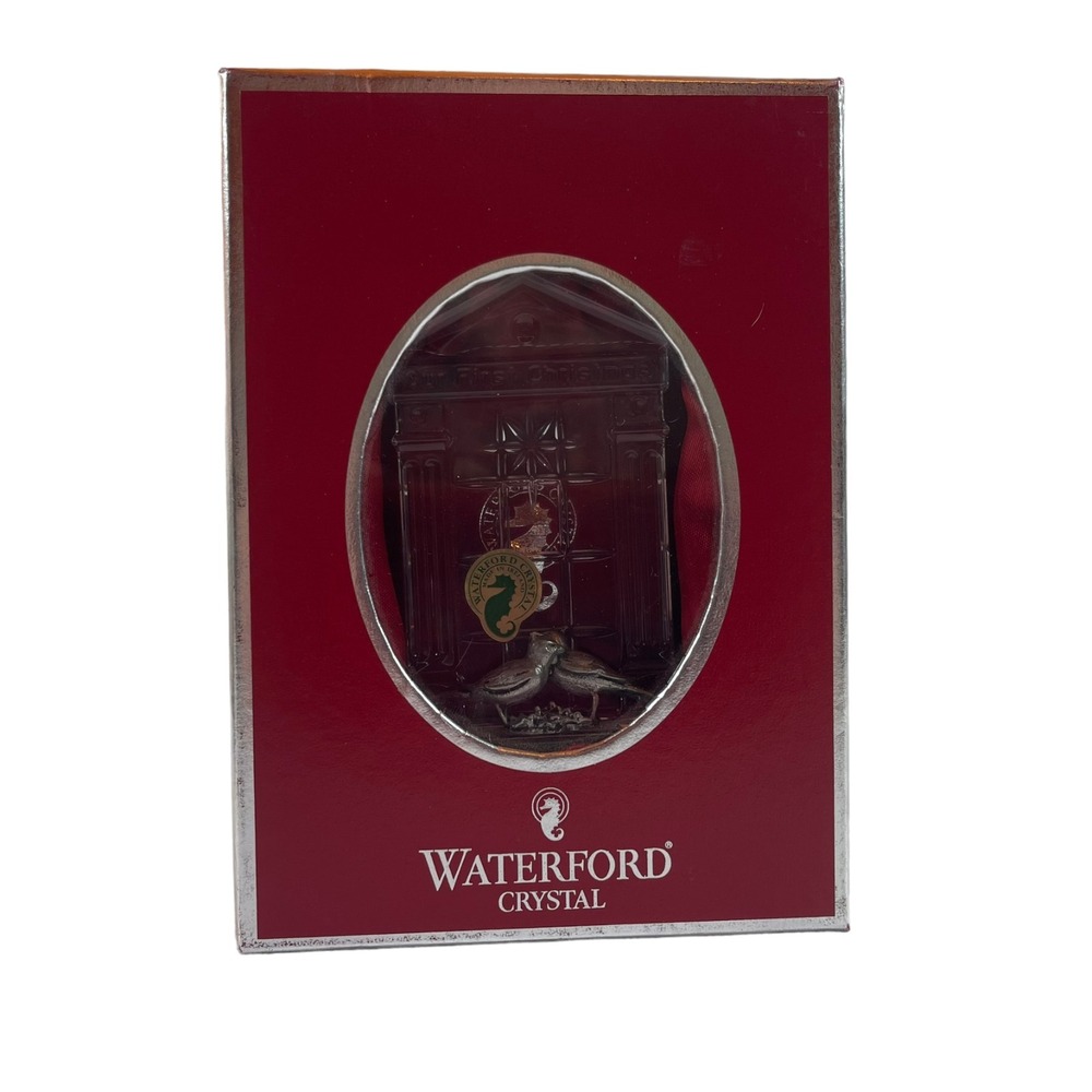 Waterford Crystal Ornament Our First Christmas Pewter Cardinal Birds Glass